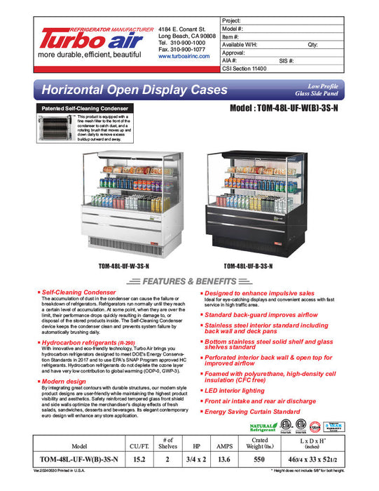 Turbo Air TOM-48L-UF-W-3S-N 46 3/4" White Low Profile Horizontal Open Air Cooler w/ (3) Levels – Ultra Front Merchandiser, 115v - Bakery Wholesalers
