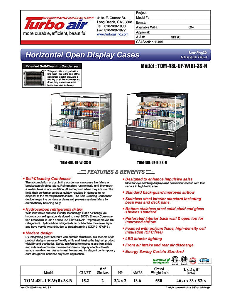 Turbo Air TOM-48L-UF-W-3S-N 46 3/4" White Low Profile Horizontal Open Air Cooler w/ (3) Levels – Ultra Front Merchandiser, 115v - Donut-Equipment.com
