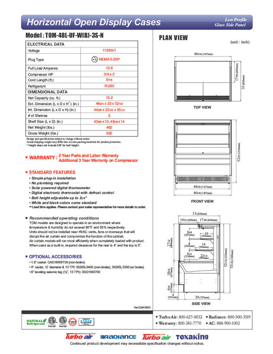 Turbo Air TOM-48L-UF-W-3S-N 46 3/4" White Low Profile Horizontal Open Air Cooler w/ (3) Levels – Ultra Front Merchandiser, 115v - Bakery Wholesalers
