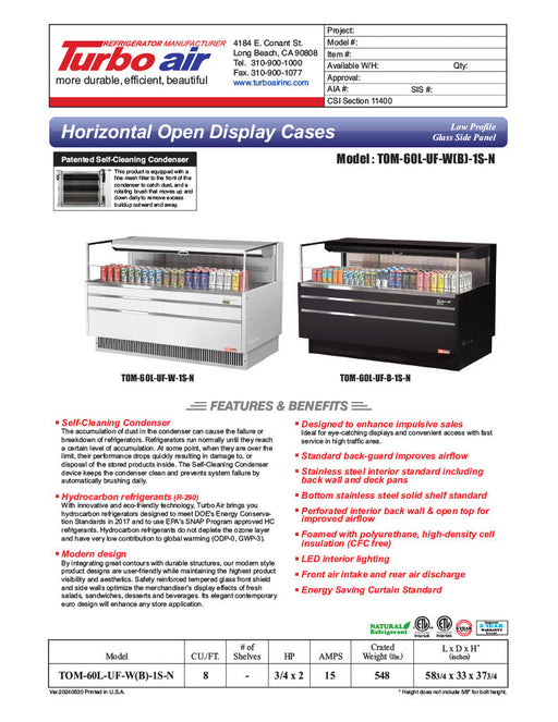 Turbo Air TOM-60L-UF-W-1S-N 58 3/4" White Low Profile Horizontal Open Air Cooler w/ (1) Level – Ultra Front Merchandiser, 115v - Bakery Wholesalers