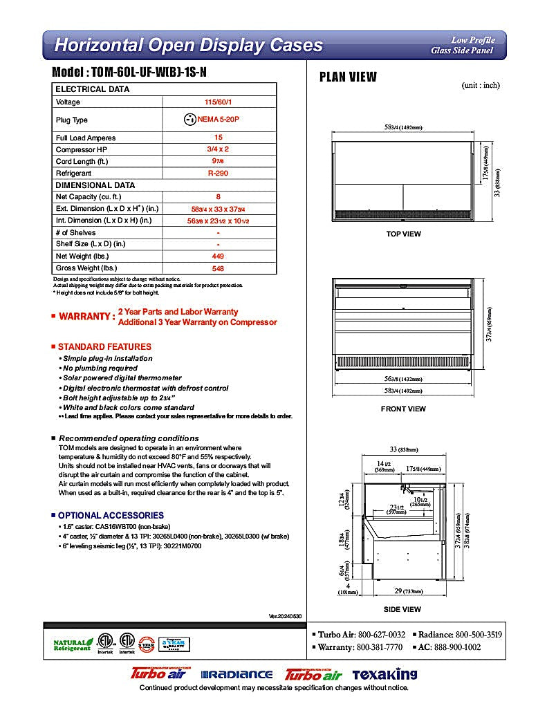 Turbo Air TOM-60L-UF-W-1S-N 58 3/4" White Low Profile Horizontal Open Air Cooler w/ (1) Level – Ultra Front Merchandiser, 115v - Donut-Equipment.com