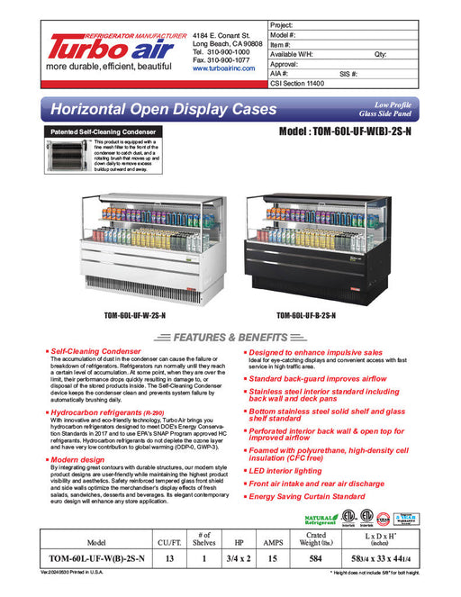 Turbo Air TOM-60L-UF-B-2S-N 58 3/4" Black Low Profile Horizontal Open Air Cooler w/ (2) Levels – Ultra Front Merchandiser, 115v - Bakery Wholesalers