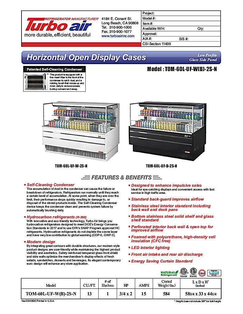 Turbo Air TOM-60L-UF-W-2S-N 58 3/4" White Low Profile Horizontal Open Air Cooler w/ (2) Levels – Ultra Front Merchandiser, 115v - Donut-Equipment.com