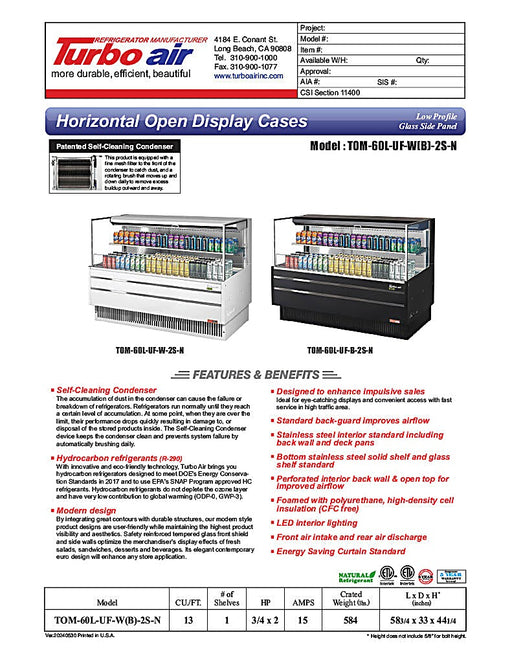Turbo Air TOM-60L-UF-W-2S-N 58 3/4" White Low Profile Horizontal Open Air Cooler w/ (2) Levels – Ultra Front Merchandiser, 115v - Donut-Equipment.com
