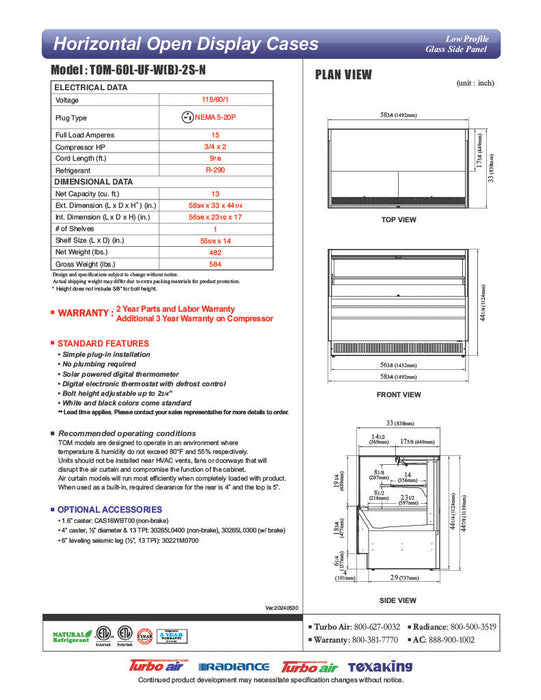 Turbo Air TOM-60L-UF-W-2S-N 58 3/4" White Low Profile Horizontal Open Air Cooler w/ (2) Levels – Ultra Front Merchandiser, 115v - Bakery Wholesalers