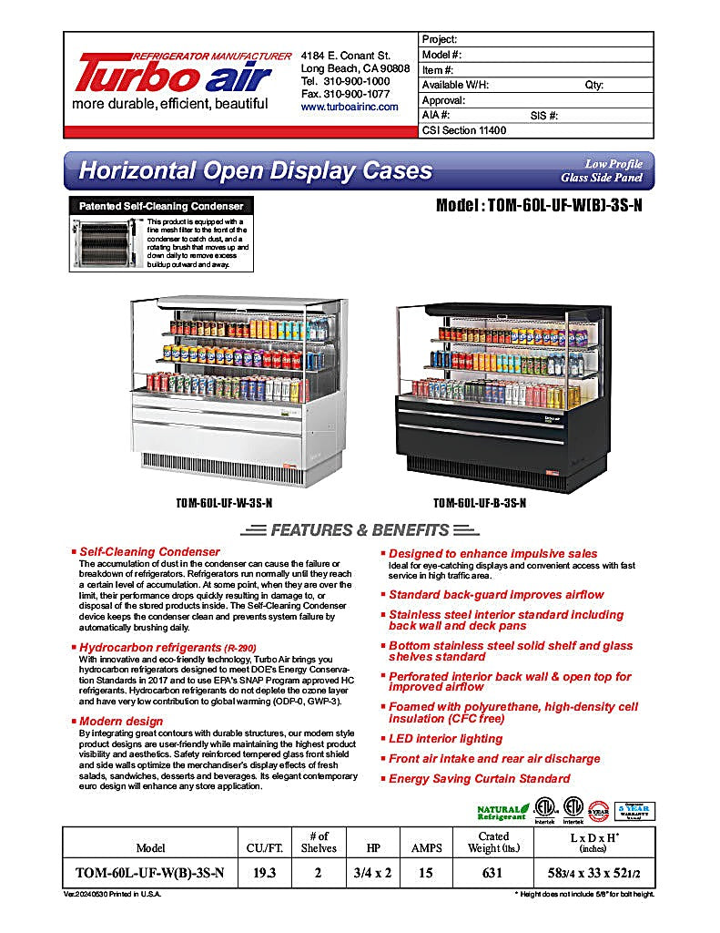 Turbo Air TOM-60L-UF-W-3S-N 58 3/4" White Low Profile Horizontal Open Air Cooler w/ (3) Levels – Ultra Front Merchandiser, 115v - Donut-Equipment.com