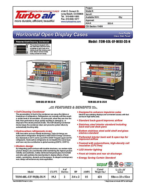 Turbo Air TOM-60L-UF-W-3S-N 58 3/4" White Low Profile Horizontal Open Air Cooler w/ (3) Levels – Ultra Front Merchandiser, 115v - Donut-Equipment.com