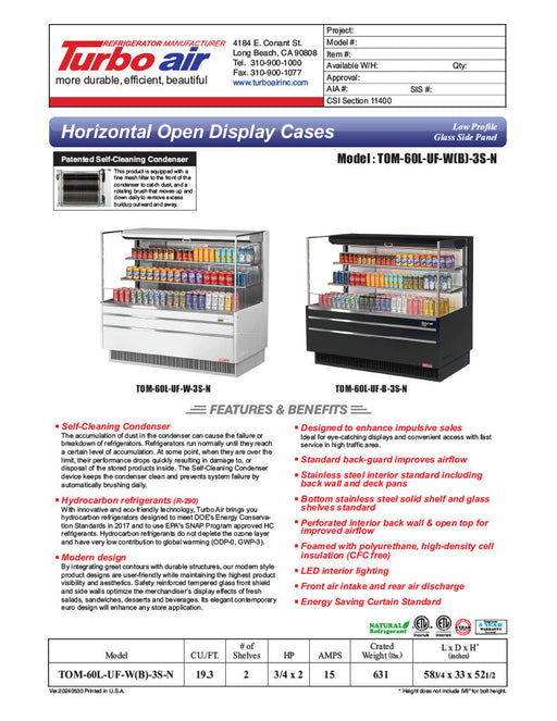 Turbo Air TOM-60L-UF-W-3S-N 58 3/4" White Low Profile Horizontal Open Air Cooler w/ (3) Levels – Ultra Front Merchandiser, 115v - Bakery Wholesalers