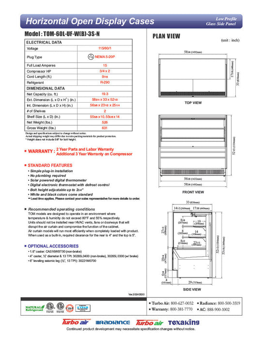 Turbo Air TOM-60L-UF-B-3S-N 58 3/4" Black Low Profile Horizontal Open Air Cooler w/ (3) Levels – Ultra Front Merchandiser, 115v - Bakery Wholesalers