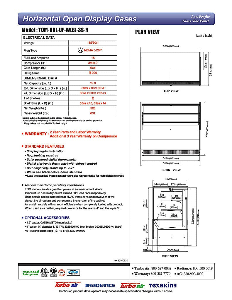 Turbo Air TOM-60L-UF-W-3S-N 58 3/4" White Low Profile Horizontal Open Air Cooler w/ (3) Levels – Ultra Front Merchandiser, 115v - Donut-Equipment.com