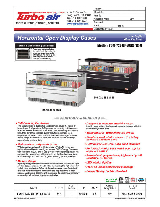 Turbo Air TOM-72L-UF-W-1S-N 70 3/4" White Low Profile Horizontal Open Air Cooler w/ (1) Level – Ultra Front Merchandiser, 220v/1ph - Bakery Wholesalers