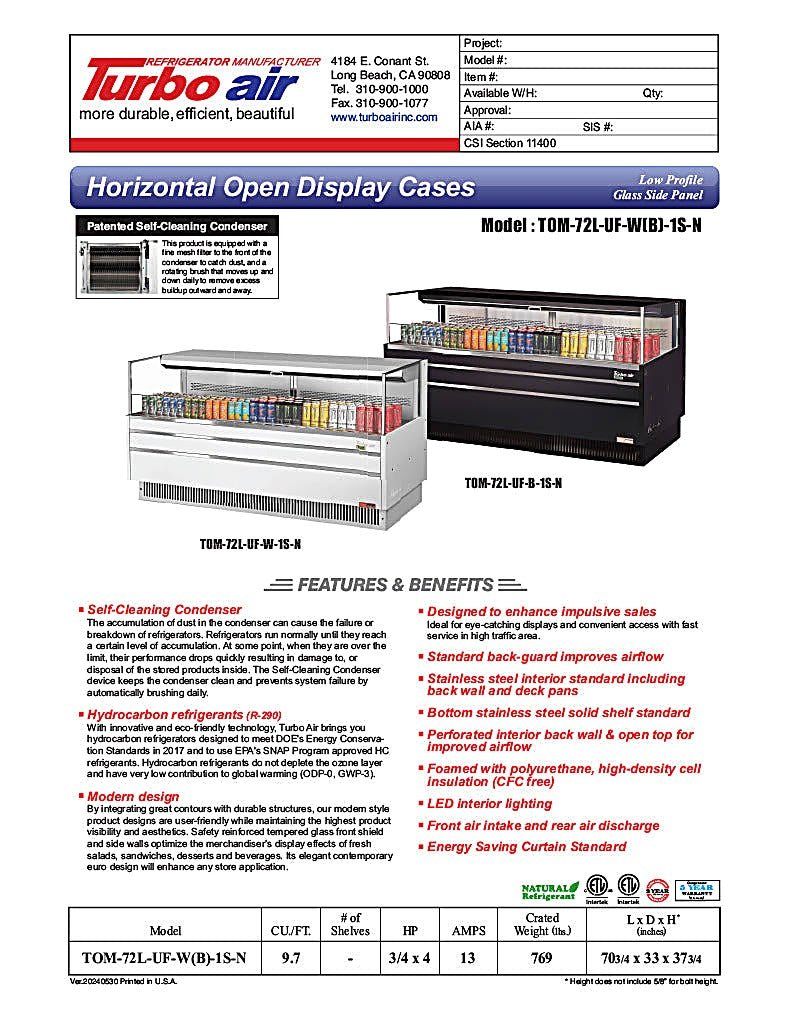 Turbo Air TOM-72L-UF-W-1S-N 70 3/4" White Low Profile Horizontal Open Air Cooler w/ (1) Level – Ultra Front Merchandiser, 220v/1ph - Donut-Equipment.com