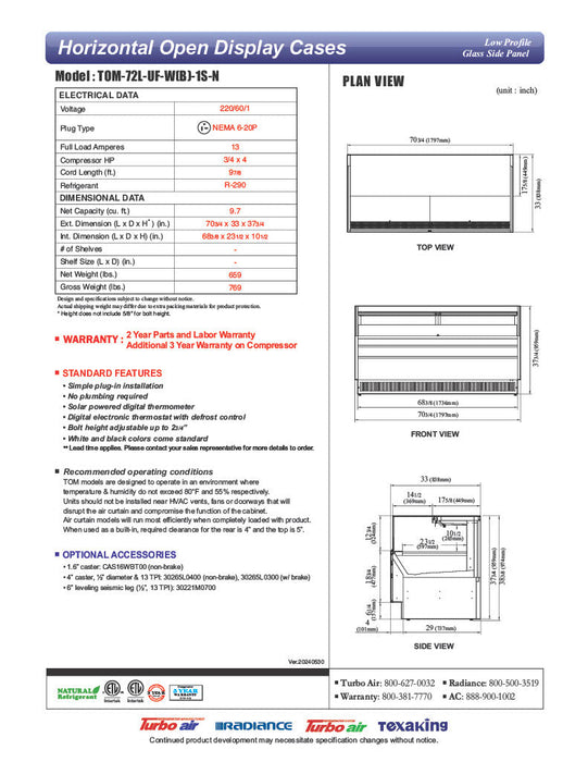 Turbo Air TOM-72L-UF-W-1S-N 70 3/4" White Low Profile Horizontal Open Air Cooler w/ (1) Level – Ultra Front Merchandiser, 220v/1ph - Bakery Wholesalers