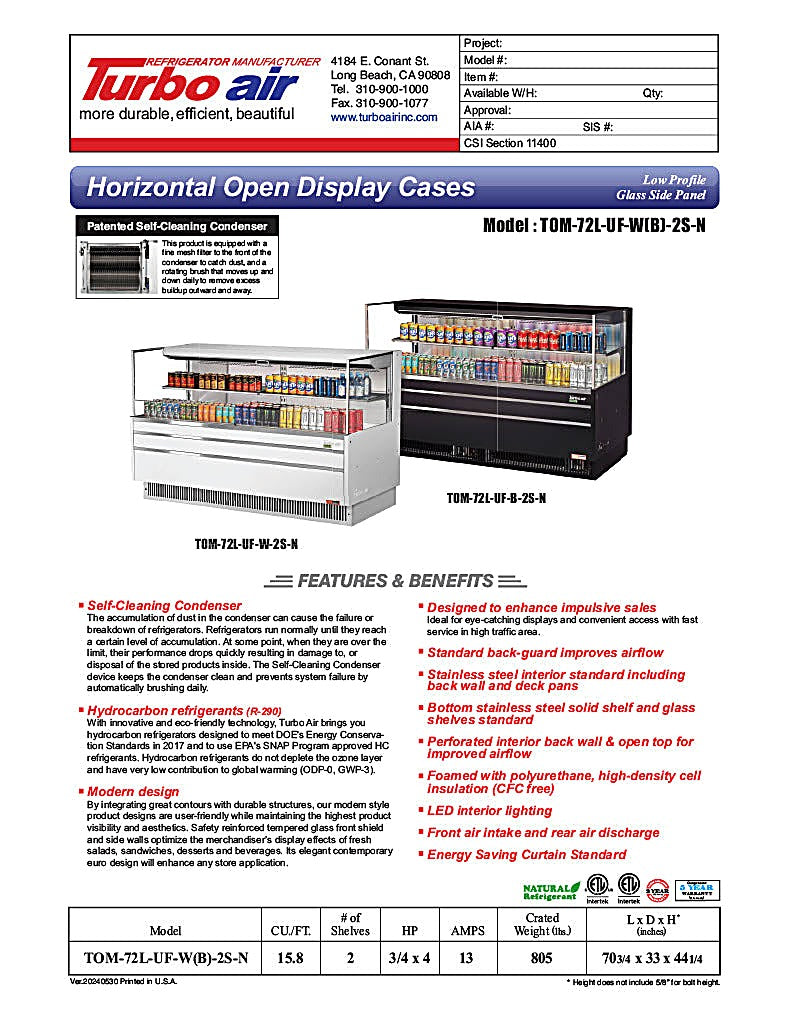 Turbo Air TOM-72L-UF-W-2S-N 70 3/4" White Low Profile Horizontal Open Air Cooler w/ (2) Levels – Ultra Front Merchandiser, 220v/1ph - Donut-Equipment.com