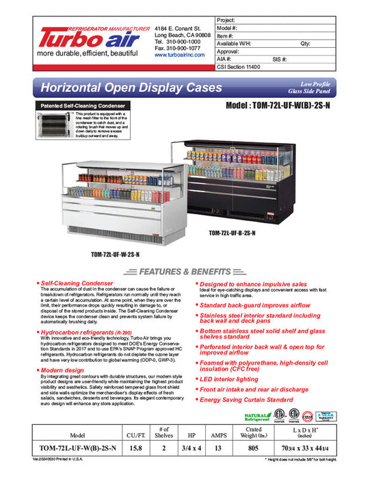 Turbo Air TOM-72L-UF-W-2S-N 70 3/4" White Low Profile Horizontal Open Air Cooler w/ (2) Levels – Ultra Front Merchandiser, 220v/1ph - Bakery Wholesalers