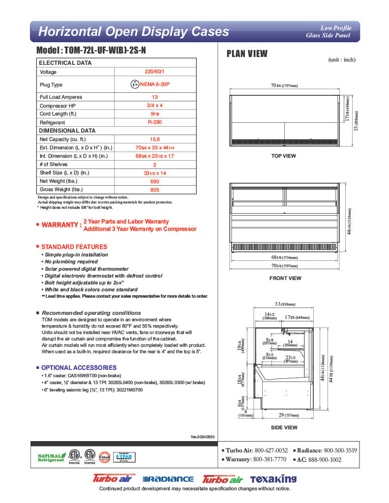 Turbo Air TOM-72L-UF-W-2S-N 70 3/4" White Low Profile Horizontal Open Air Cooler w/ (2) Levels – Ultra Front Merchandiser, 220v/1ph - Donut-Equipment.com