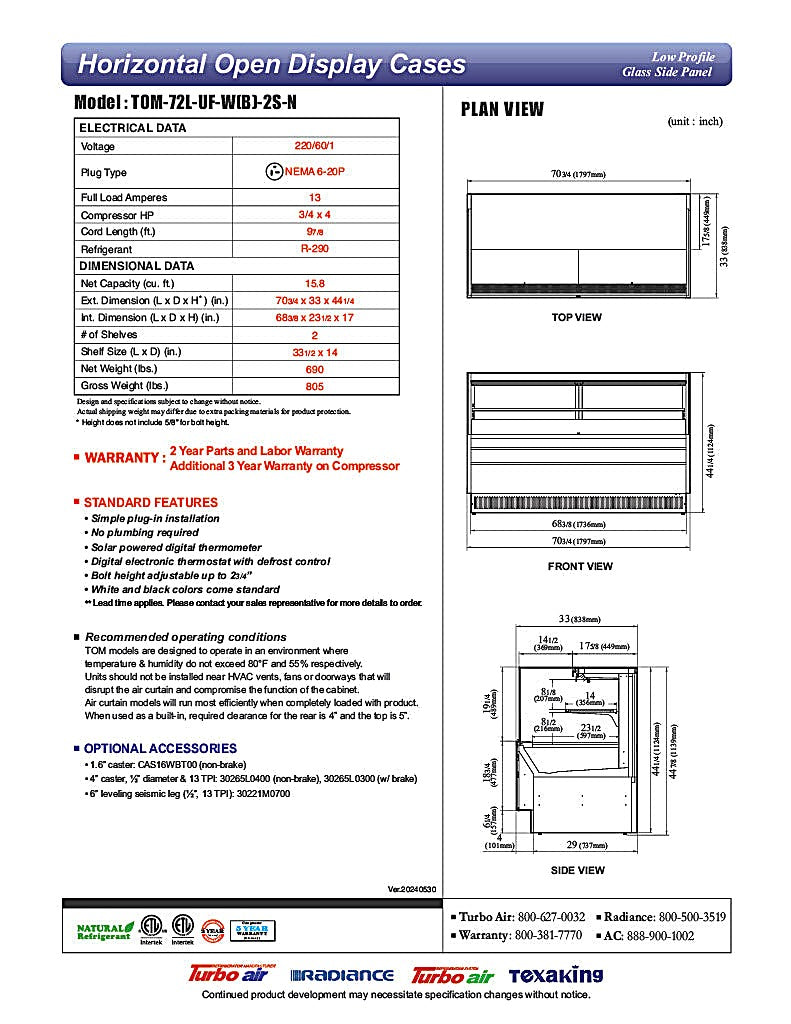 Turbo Air TOM-72L-UF-W-2S-N 70 3/4" White Low Profile Horizontal Open Air Cooler w/ (2) Levels – Ultra Front Merchandiser, 220v/1ph - Donut-Equipment.com