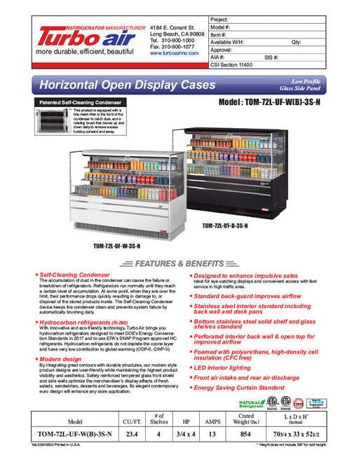 Turbo Air TOM-72L-UF-B-3S-N 70 3/4" Black Low Profile Horizontal Open Air Cooler w/ (3) Levels – Ultra Front Merchandiser, 220v/1ph - Bakery Wholesalers