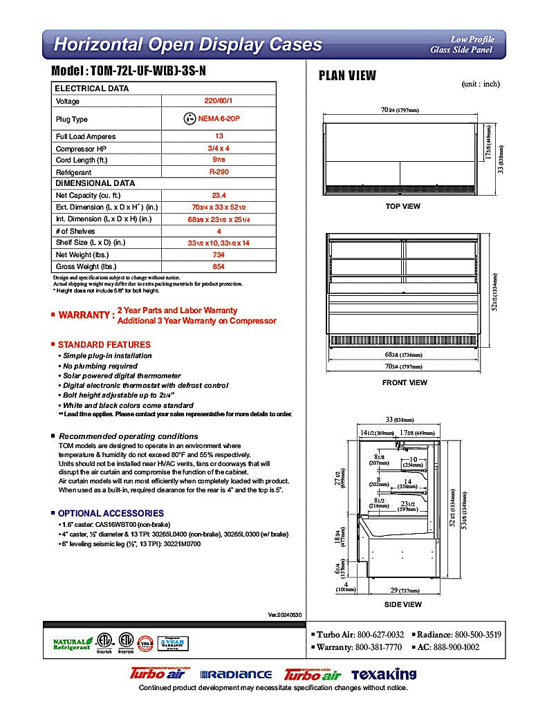 Turbo Air TOM-72L-UF-W-3S-N 70 3/4" White Low Profile Horizontal Open Air Cooler w/ (3) Levels – Ultra Front Merchandiser, 220v/1ph - Donut-Equipment.com