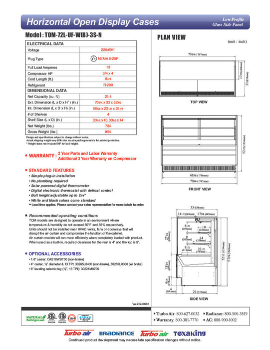 Turbo Air TOM-72L-UF-W-3S-N 70 3/4" White Low Profile Horizontal Open Air Cooler w/ (3) Levels – Ultra Front Merchandiser, 220v/1ph - Bakery Wholesalers