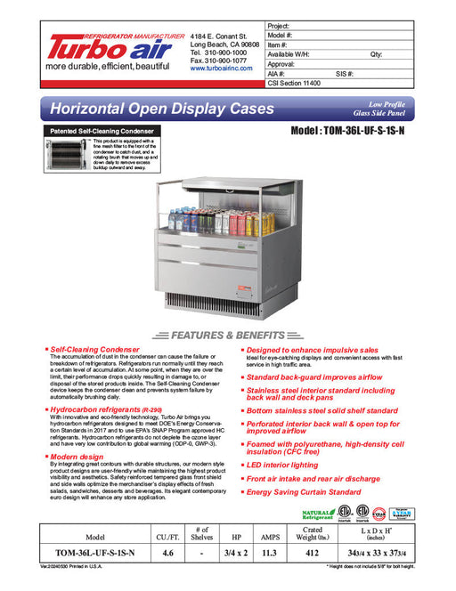 Turbo Air TOM-36L-UF-S-1S-N 35" Stainless Steel Low Profile Horizontal Open Air Cooler w/ (1) Level – Ultra Front Merchandiser, 115v - Bakery Wholesalers