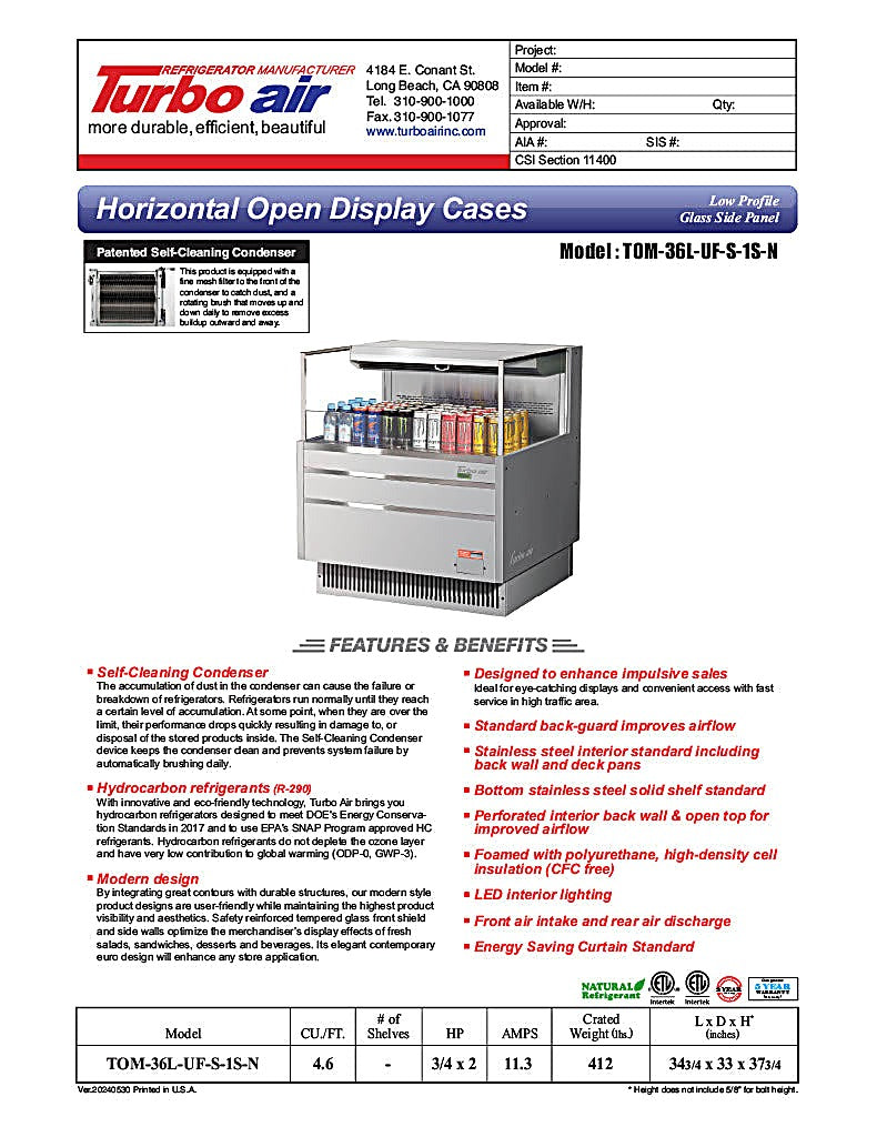 Turbo Air TOM-36L-UF-S-1S-N 35" Stainless Steel Low Profile Horizontal Open Air Cooler w/ (1) Level – Ultra Front Merchandiser, 115v - Donut-Equipment.com