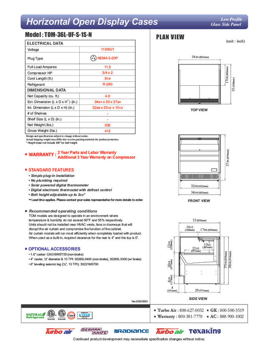 Turbo Air TOM-36L-UF-S-1S-N 35" Stainless Steel Low Profile Horizontal Open Air Cooler w/ (1) Level – Ultra Front Merchandiser, 115v - Bakery Wholesalers