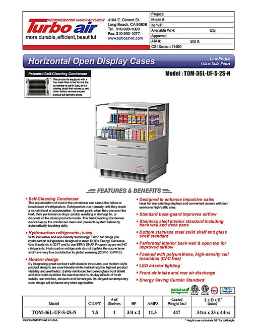 Turbo Air TOM-36L-UFD-S-2S-N 34 3/4" Stainless Steel Low Profile Horizontal Open Air Cooler w/ (2) Levels – Ultra Front Merchandiser, 115v - Donut-Equipment.com