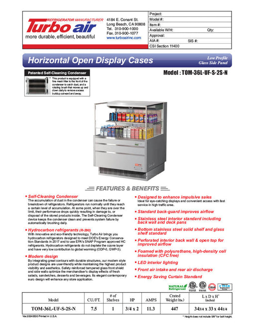 Turbo Air TOM-36L-UFD-S-2S-N 34 3/4" Stainless Steel Low Profile Horizontal Open Air Cooler w/ (2) Levels – Ultra Front Merchandiser, 115v - Bakery Wholesalers