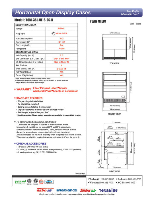 Turbo Air TOM-36L-UFD-S-2S-N 34 3/4" Stainless Steel Low Profile Horizontal Open Air Cooler w/ (2) Levels – Ultra Front Merchandiser, 115v - Bakery Wholesalers