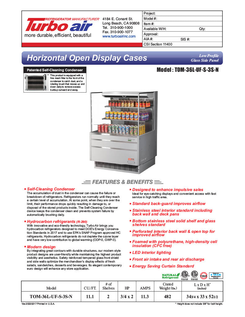 Turbo Air TOM-36L-UF-S-3S-N 35" Stainless Steel Low Profile Horizontal Open Air Cooler w/ (3) Levels – Ultra Front Merchandiser, 115v - Donut-Equipment.com