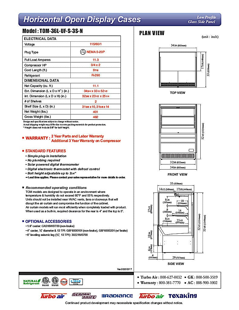 Turbo Air TOM-36L-UF-S-3S-N 35" Stainless Steel Low Profile Horizontal Open Air Cooler w/ (3) Levels – Ultra Front Merchandiser, 115v - Donut-Equipment.com