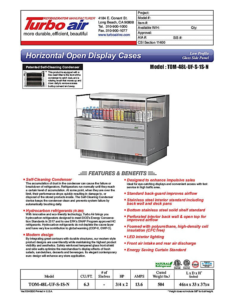 Turbo Air TOM-48L-UF-S-1S-N 46 3/4" Stainless Steel Low Profile Horizontal Open Air Cooler w/ (1) Level – Ultra Front Merchandiser, 115v - Donut-Equipment.com