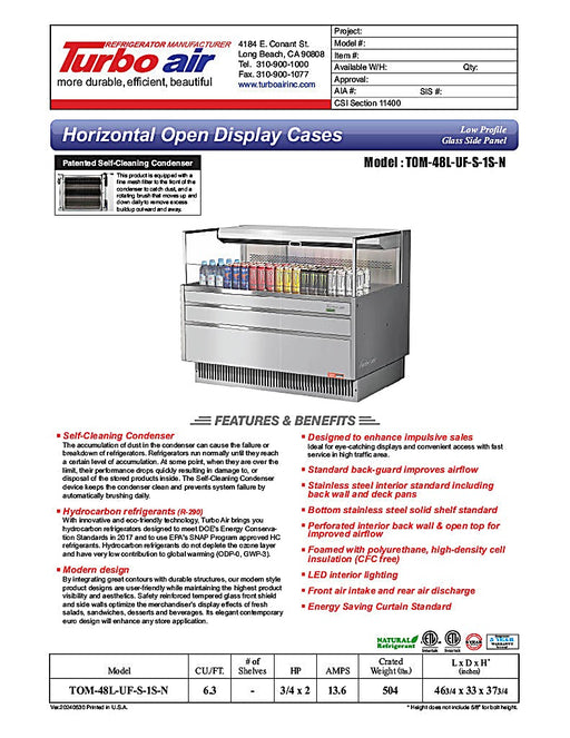 Turbo Air TOM-48L-UF-S-1S-N 46 3/4" Stainless Steel Low Profile Horizontal Open Air Cooler w/ (1) Level – Ultra Front Merchandiser, 115v - Donut-Equipment.com