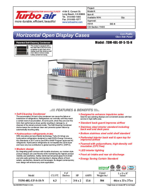 Turbo Air TOM-48L-UF-S-1S-N 46 3/4" Stainless Steel Low Profile Horizontal Open Air Cooler w/ (1) Level – Ultra Front Merchandiser, 115v - Bakery Wholesalers