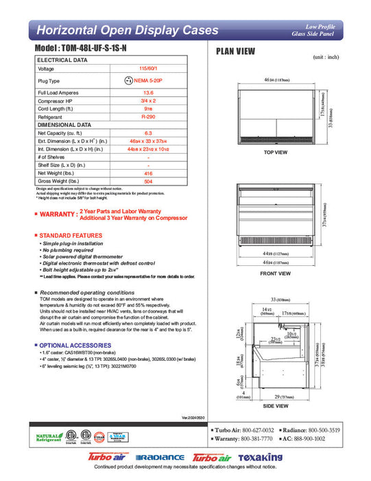 Turbo Air TOM-48L-UF-S-1S-N 46 3/4" Stainless Steel Low Profile Horizontal Open Air Cooler w/ (1) Level – Ultra Front Merchandiser, 115v - Bakery Wholesalers