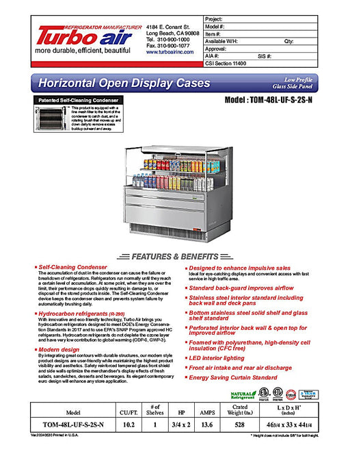 Turbo Air TOM-48L-UF-S-2S-N 46 3/4" Stainless Steel Low Profile Horizontal Open Air Cooler w/ (2) Levels – Ultra Front Merchandiser, 115v - Donut-Equipment.com