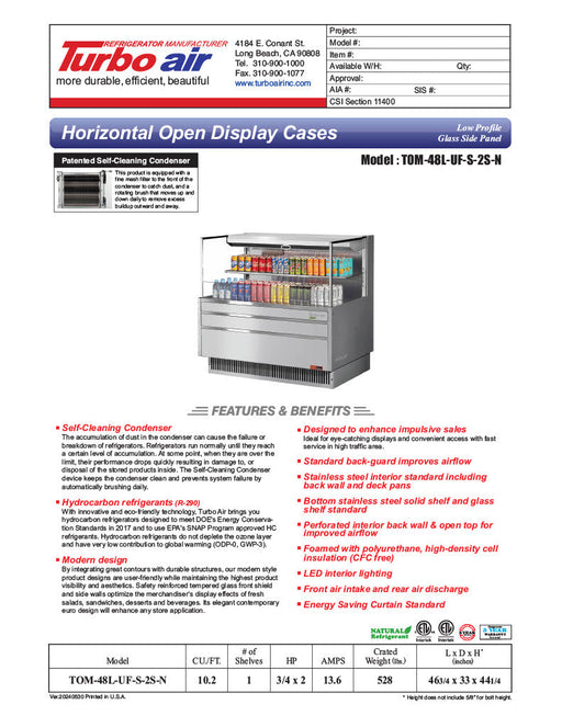 Turbo Air TOM-48L-UF-S-2S-N 46 3/4" Stainless Steel Low Profile Horizontal Open Air Cooler w/ (2) Levels – Ultra Front Merchandiser, 115v - Bakery Wholesalers