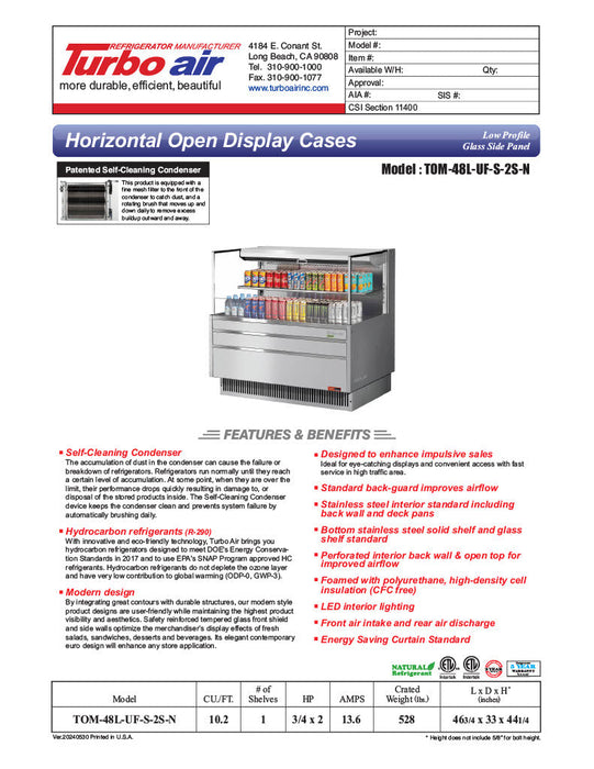 Turbo Air TOM-48L-UF-S-2S-N 46 3/4" Stainless Steel Low Profile Horizontal Open Air Cooler w/ (2) Levels – Ultra Front Merchandiser, 115v - Bakery Wholesalers