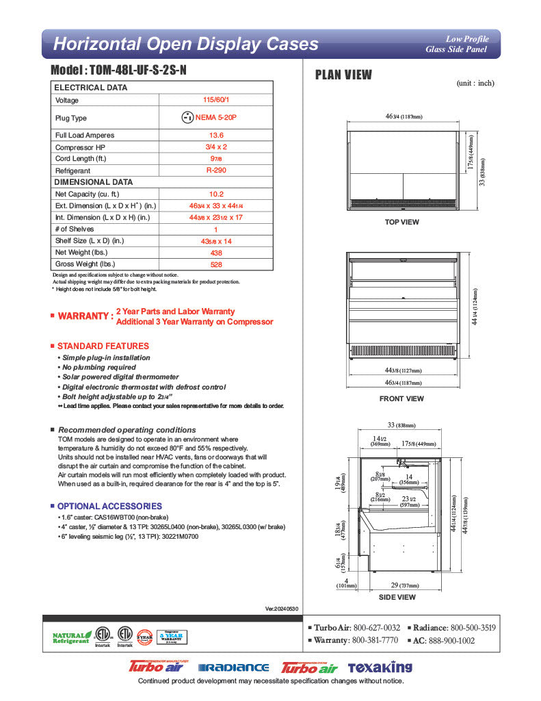 Turbo Air TOM-48L-UF-S-2S-N 46 3/4" Stainless Steel Low Profile Horizontal Open Air Cooler w/ (2) Levels – Ultra Front Merchandiser, 115v - Donut-Equipment.com