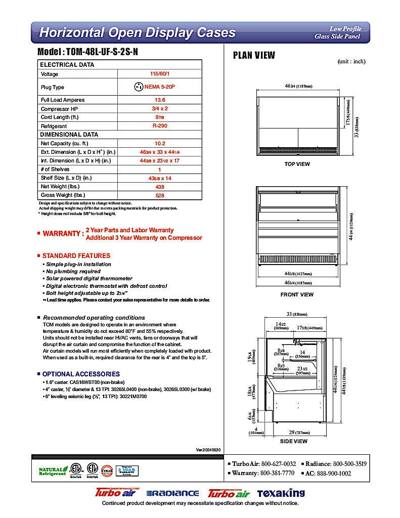 Turbo Air TOM-48L-UF-S-2S-N 46 3/4" Stainless Steel Low Profile Horizontal Open Air Cooler w/ (2) Levels – Ultra Front Merchandiser, 115v - Donut-Equipment.com