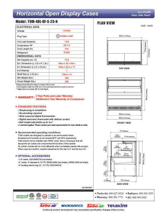 Turbo Air TOM-48L-UF-S-2S-N 46 3/4" Stainless Steel Low Profile Horizontal Open Air Cooler w/ (2) Levels – Ultra Front Merchandiser, 115v - Bakery Wholesalers