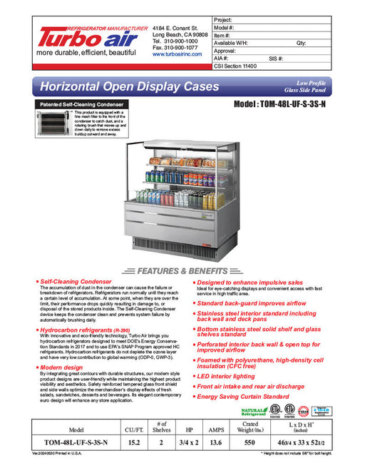 Turbo Air TOM-48L-UF-S-3S-N 46 3/4" Stainless Steel Low Profile Horizontal Open Air Cooler w/ (3) Levels – Ultra Front Merchandiser, 115v - Bakery Wholesalers