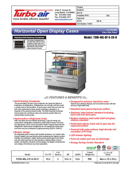 Turbo Air TOM-48L-UF-S-3S-N 46 3/4" Stainless Steel Low Profile Horizontal Open Air Cooler w/ (3) Levels – Ultra Front Merchandiser, 115v - Bakery Wholesalers