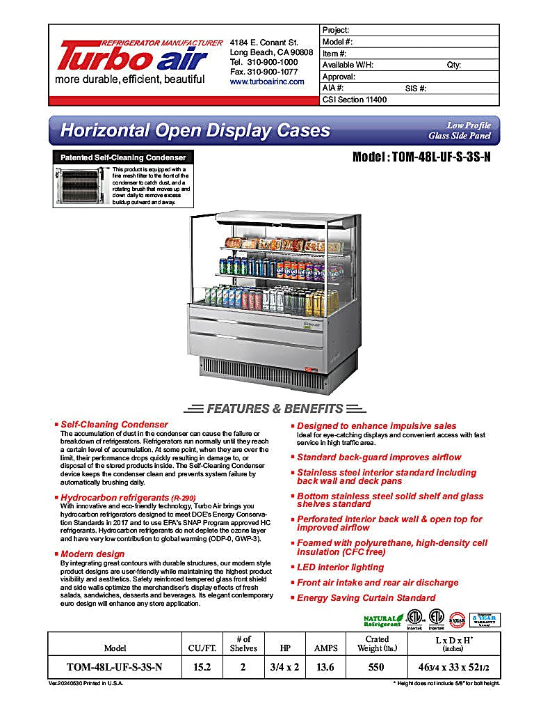 Turbo Air TOM-48L-UF-S-3S-N 46 3/4" Stainless Steel Low Profile Horizontal Open Air Cooler w/ (3) Levels – Ultra Front Merchandiser, 115v - Donut-Equipment.com