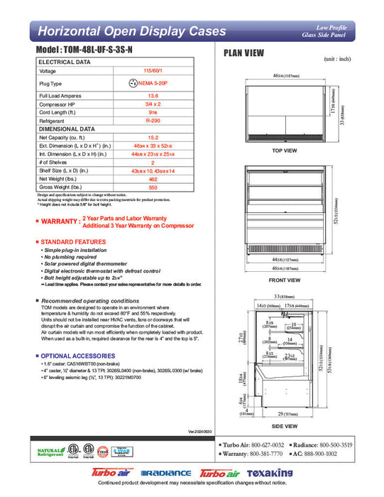 Turbo Air TOM-48L-UF-S-3S-N 46 3/4" Stainless Steel Low Profile Horizontal Open Air Cooler w/ (3) Levels – Ultra Front Merchandiser, 115v - Bakery Wholesalers