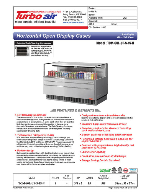 Turbo Air TOM-60L-UF-S-1S-N 58 3/4" Stainless Steel Low Profile Horizontal Open Air Cooler w/ (1) Level – Ultra Front Merchandiser, 115v - Bakery Wholesalers
