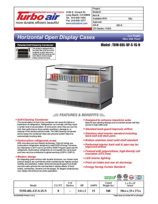 Turbo Air TOM-60L-UF-S-1S-N 58 3/4" Stainless Steel Low Profile Horizontal Open Air Cooler w/ (1) Level – Ultra Front Merchandiser, 115v - Bakery Wholesalers