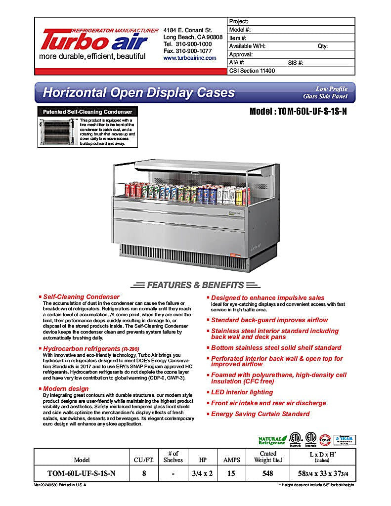 Turbo Air TOM-60L-UF-S-1S-N 58 3/4" Stainless Steel Low Profile Horizontal Open Air Cooler w/ (1) Level – Ultra Front Merchandiser, 115v - Donut-Equipment.com