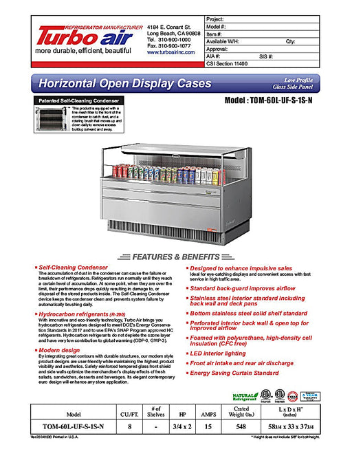 Turbo Air TOM-60L-UF-S-1S-N 58 3/4" Stainless Steel Low Profile Horizontal Open Air Cooler w/ (1) Level – Ultra Front Merchandiser, 115v - Donut-Equipment.com